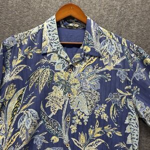 Tommy Bahama Mens Large Blue Floral Hawaiian Shirt 100% Silk Short Sleeve